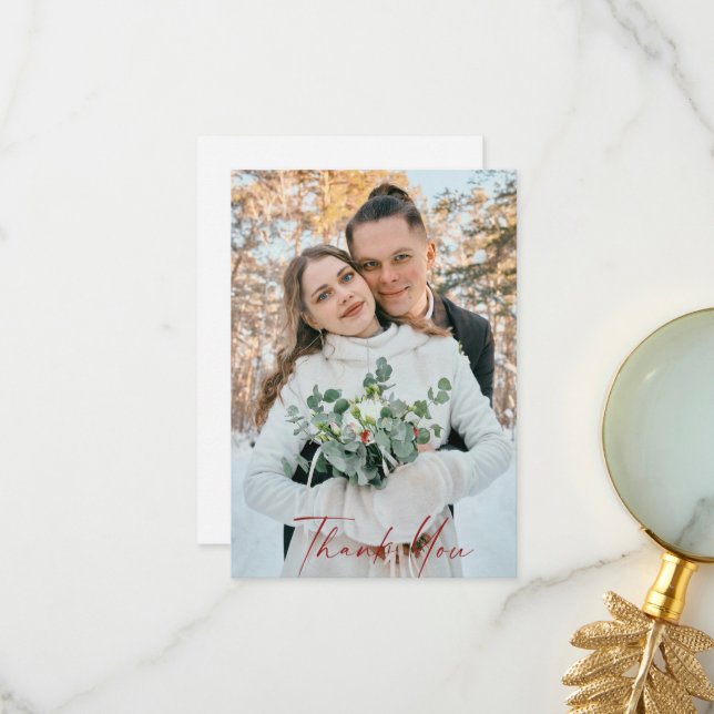 Photo Winter Red Text Wedding Blank Thank You Card (Front/Back In Situ)