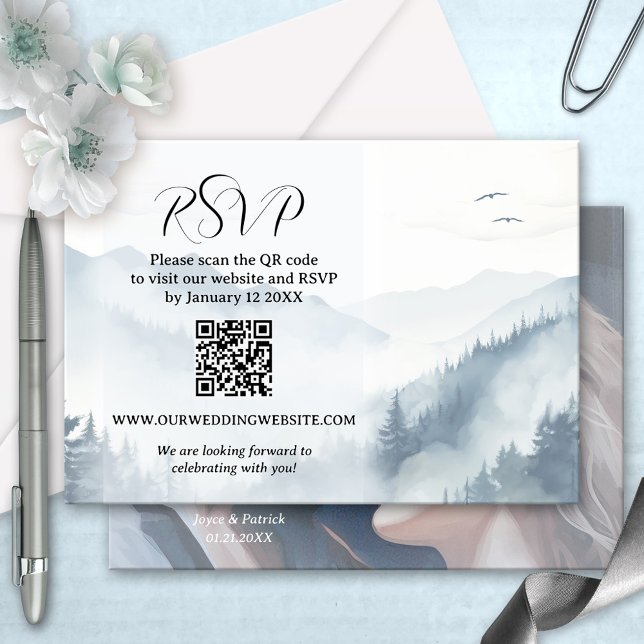 Photo Winter Wedding QR Code RSVP Card (RSVP card featuring a watercolor painting of a mountain side with pine trees on a hazy winter day)