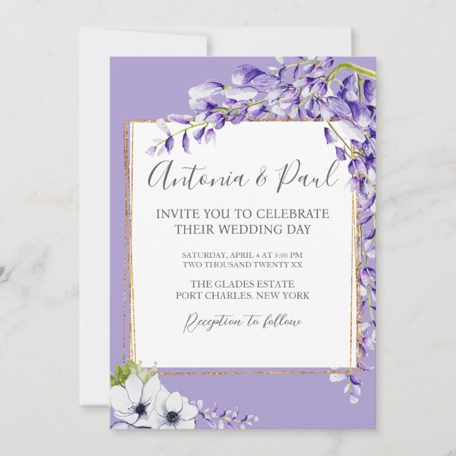  Photo Wisteria Blooms QR Code Wedding Invitation (Front)