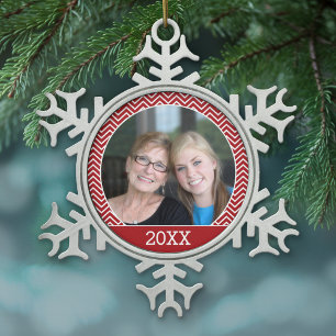 Photo with a Trendy Border and Custom Year Snowflake Pewter Christmas Ornament