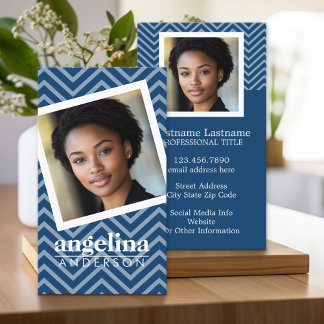 Photo with Blue Chevron Pattern Custom Name Business Card