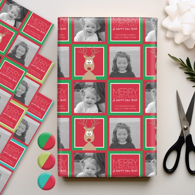 Photo with Cartoon Reindeer with Merry Christmas Wrapping Paper Sheet (Personalized Photo Wrapping Paper)