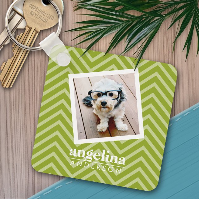 Photo with Chevron Pattern and Custom Name Key Ring (Personalized keychain - add a photo and name)