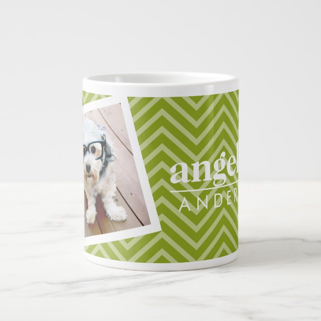 Photo with Chevron Pattern and Custom Name Large Coffee Mug (Front)
