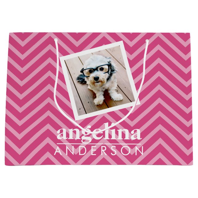 Photo with Chevron Pattern and Custom Name Large Gift Bag (Front)
