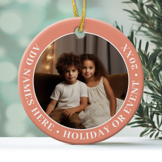 Photo with Coral Border and Custom Text - Minimal Ceramic Tree Decoration