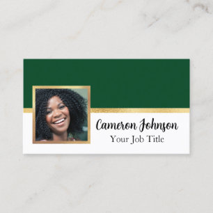 Photo with Elegant Script and Gold on Forest Green Business Card