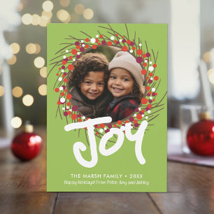 Photo with Farmhouse Berry Wreath - Joy Red Green Holiday Card