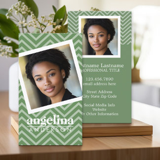 Photo with Green Chevron Pattern Custom Name Business Card