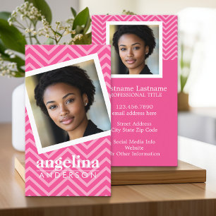 Photo with Hot Pink Chevron Pattern Custom Name Business Card