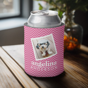 Photo with Hot Pink Chevron Pattern Custom Name Can Cooler