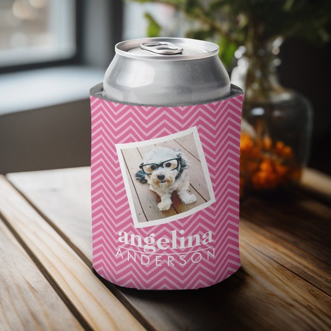 Photo with Hot Pink Chevron Pattern Custom Name Can Cooler (Celebrate with a personalized can cooler - add your name or monogram. Great party favor or gift)