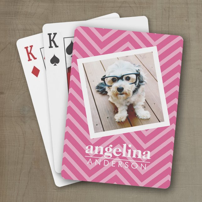 Photo with Hot Pink Chevron Pattern Custom Name Playing Cards (Personalized playing cards)