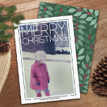 Photo with huge Merry Christmas - botanical back Holiday Card<br><div class="desc">A large Christmas photo with a white border makes a modern and bold holiday greeting. Back Design The back design includes a Christmas botanical pattern in cheery reds and greens. The shades of green coordinate with the thin border around the front of the card. Vertical Photo Use one picture with...</div>