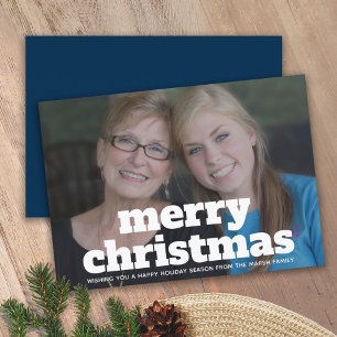 Photo with huge MERRY Christmas - navy blue Holiday Card