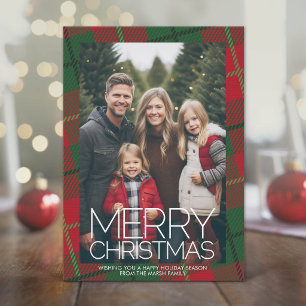Photo with huge MERRY CHRISTMAS Red Green Plaid Holiday Card