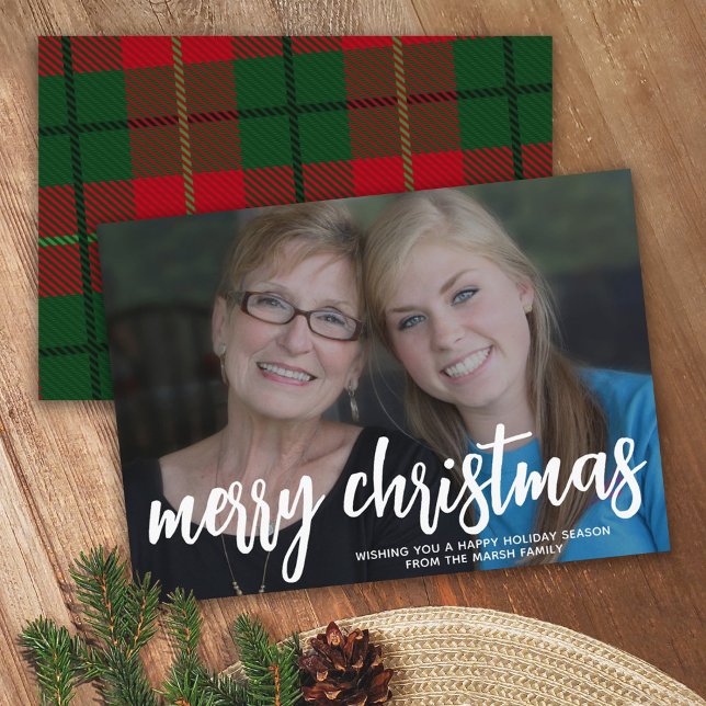 Photo with huge MERRY Christmas  - Red Green Plaid Holiday Card (Creator Uploaded)