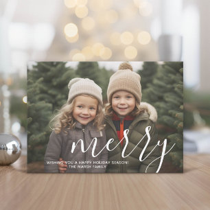 Photo with huge MERRY script white overlay - green Holiday Card