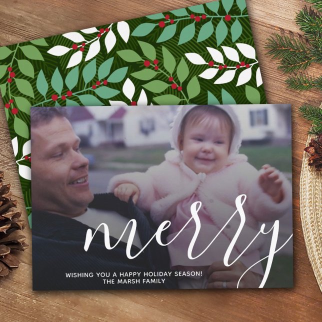Photo with huge MERRY script white overlay - green Holiday Card (Creator Uploaded)