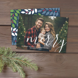 Photo with huge MERRY script white overlay - navy Holiday Card