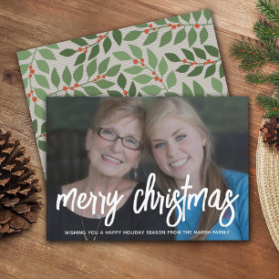 Photo with huge MERRY script white overlay - taupe Holiday Card