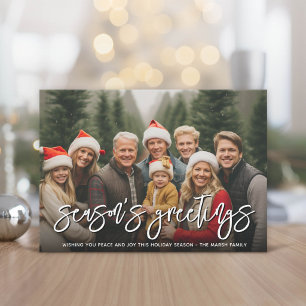 Photo with huge Season's Greetings Red Green Plaid Holiday Card