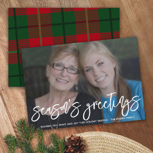 Photo with huge Season's Greetings Red Green Plaid Holiday Card