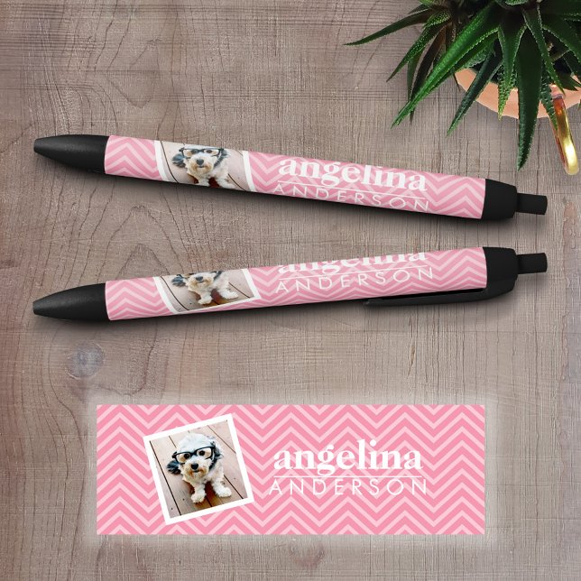 Photo with Modern Chevron Pattern and Custom Name Black Ink Pen (Personalized writing pen - Add a Photo and Text)