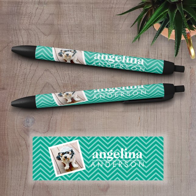 Photo with Modern Chevron Pattern and Custom Name Black Ink Pen (Personalized writing pen - Add a Photo and Text)