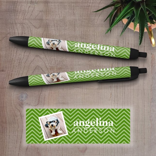 Photo with Modern Chevron Pattern and Custom Name Black Ink Pen (Personalized writing pen - Add a Photo and Text)