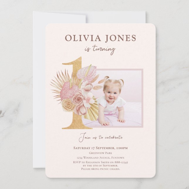 Photo with Pink Florals 1st Birthday invitation (Front)