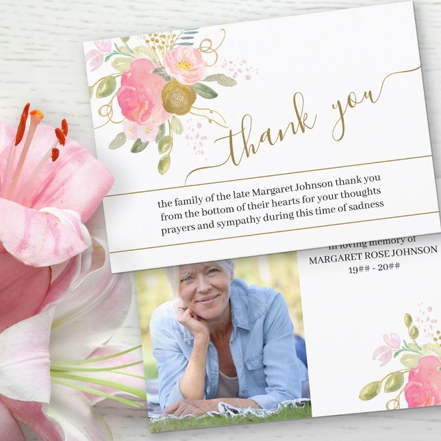 Photo with Pink Flowers and Gold Script Funeral Thank You Card (Creator Uploaded)