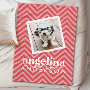 Photo with Red Chevron Pattern Custom Name Fleece Blanket