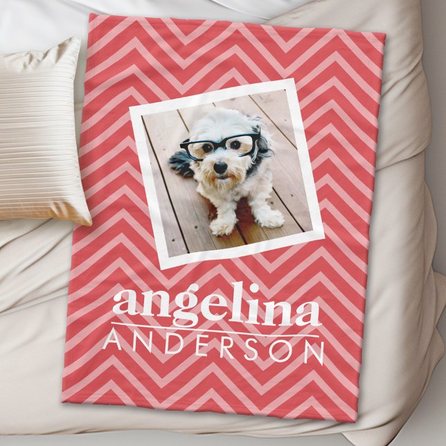 Photo with Red Chevron Pattern Custom Name Fleece Blanket (Personalized Fleece Blanket - Add Photos and Text)