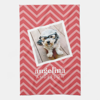 Photo with Red Chevron Pattern Custom Name Tea Towel