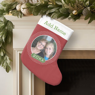 Photo with Red Polka Dot Frame and Custom Year Small Christmas Stocking