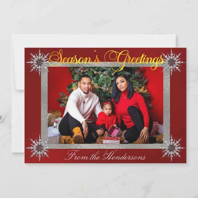 Photo with Silver Border & Snowflakes on Red Holiday Card (Front)