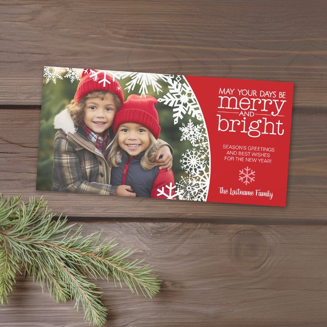 Photo with Snowflakes - merry and bright Christmas Holiday Card (Add 1 photo to this classic photo card that can be printed or sent out to friends and family.)