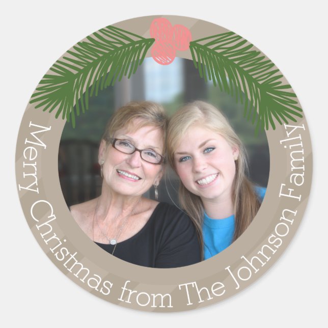 Photo with Whimsical Holiday Berry Illustration Classic Round Sticker (Front)