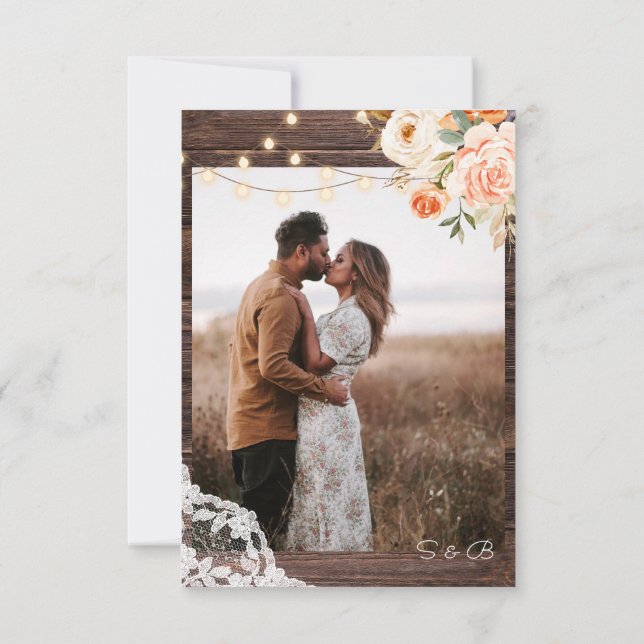 Photo Wood Lace, Lights, Blush Pink & Peach Floral Save The Date (Back)