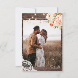 Photo Wood Lace, Lights, Blush Pink & Peach Floral Save The Date
