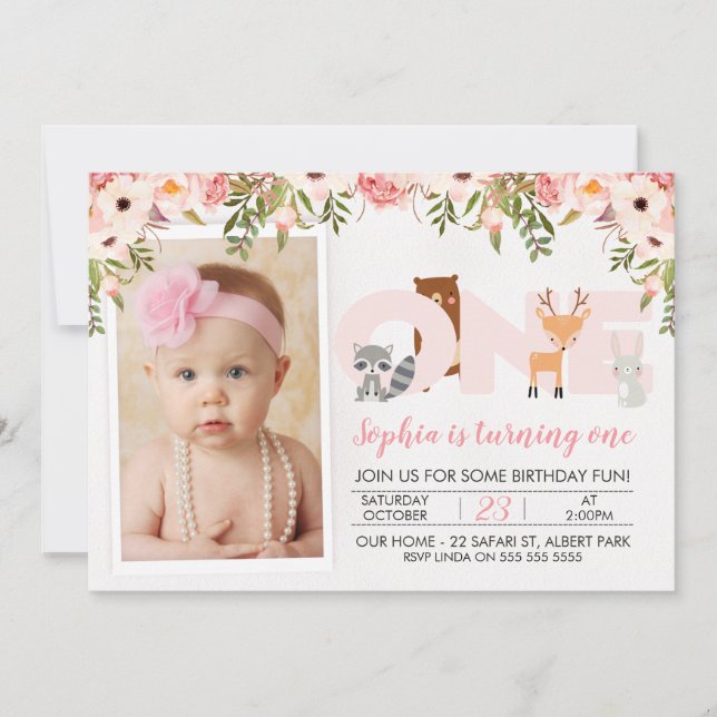 Photo Woodland Animals 1st Birthday Invitation (Front)