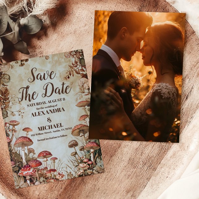 Photo Woodland Fall Watercolor Mushroom Wedding Save The Date (Creator Uploaded)