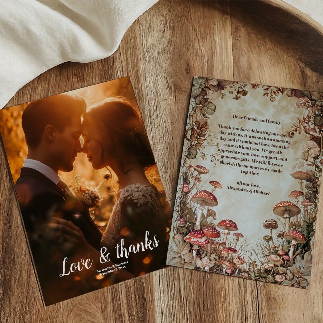 Photo Woodland Fall Watercolor Mushroom Wedding Thank You Card (Creator Uploaded)