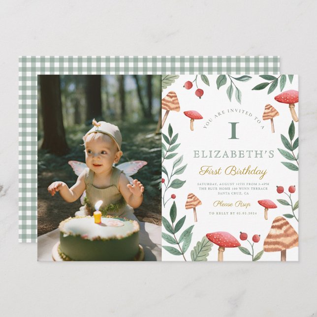 Photo Woodland forest mushroom First Birthday Invitation (Creator Uploaded)
