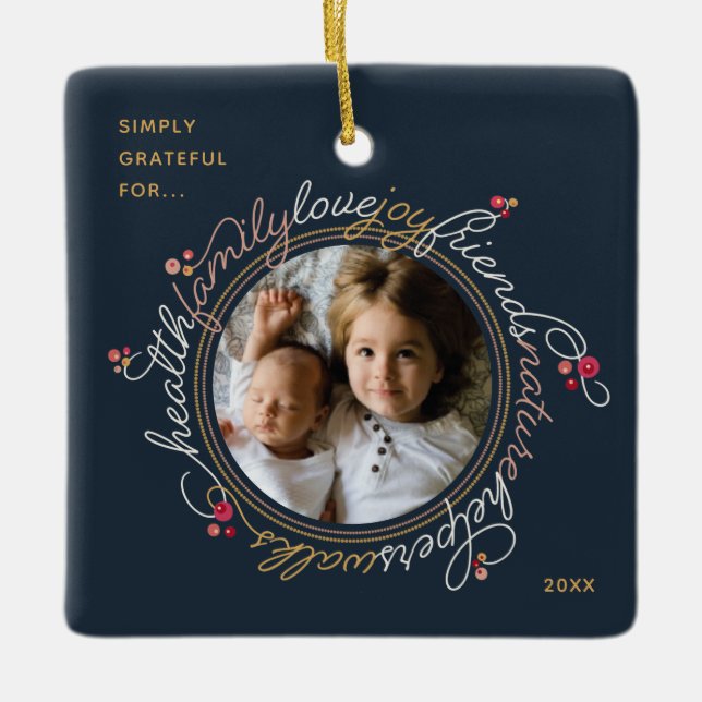 Photo Word Gratitude Wreath Custom Ornament (Front)