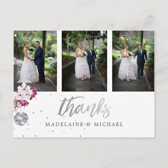 Photo x 3 Elegant Wedding Silver Disco Thank You   Postcard (Front)