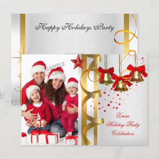 Photo Xmas Holiday Christmas Party White Gold Red Invitation