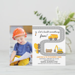 Photo Yellow Build Fun Construction 1st Birthday Invitation