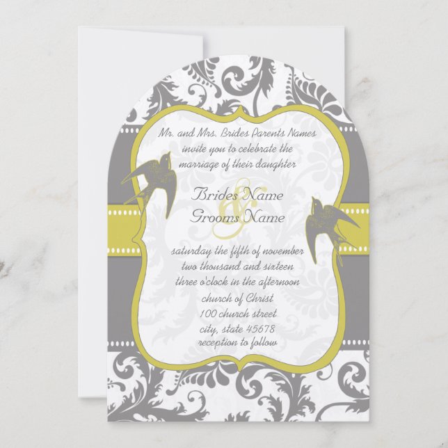 Photo Yellow & Grey Vintage Bird Damask Wedding Invitation (Front)